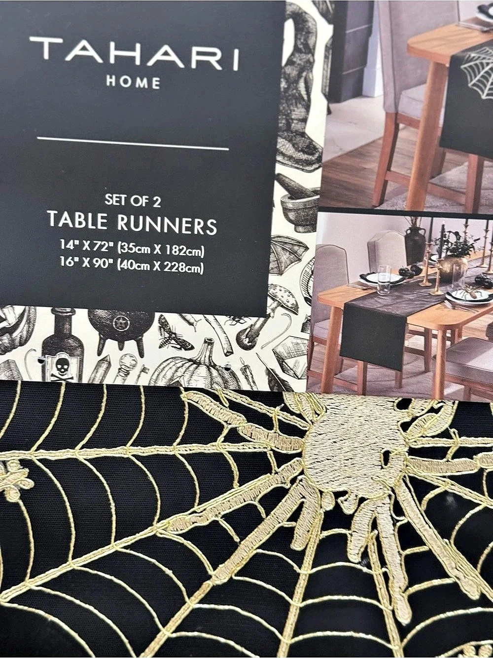 Tahari Home Spiderweb Table Runner Black & Gold set of 2 NWT